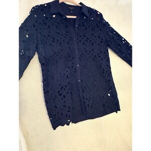 Women's Banana Republic Lace Button Front Blouse Navy Blue SZ M
